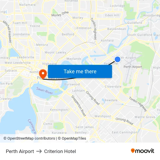 Perth Airport to Criterion Hotel map