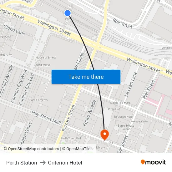Perth Station to Criterion Hotel map