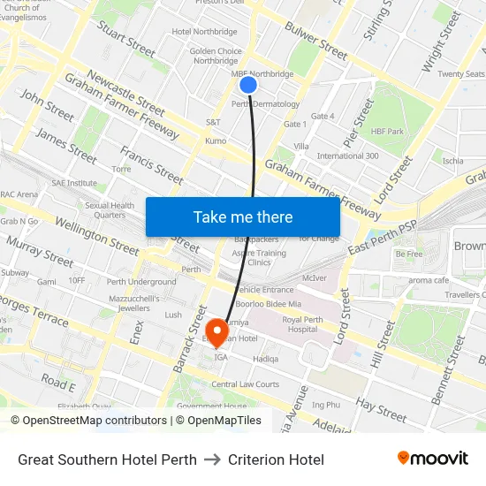 Great Southern Hotel Perth to Criterion Hotel map