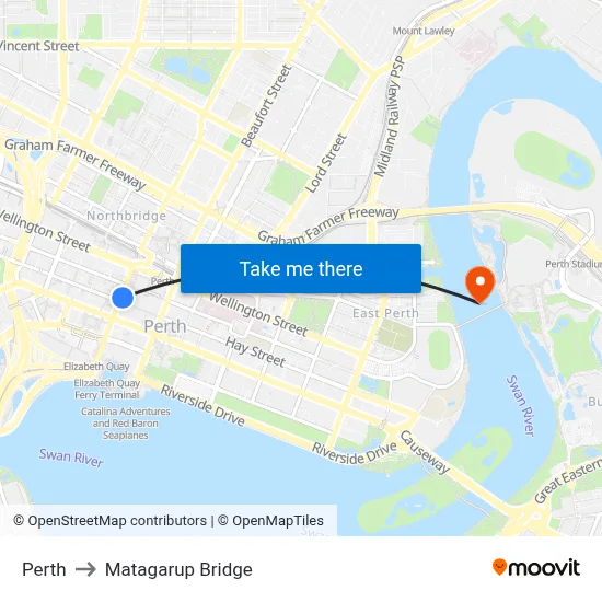 Perth to Matagarup Bridge map