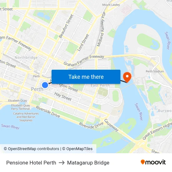 Pensione Hotel Perth to Matagarup Bridge map