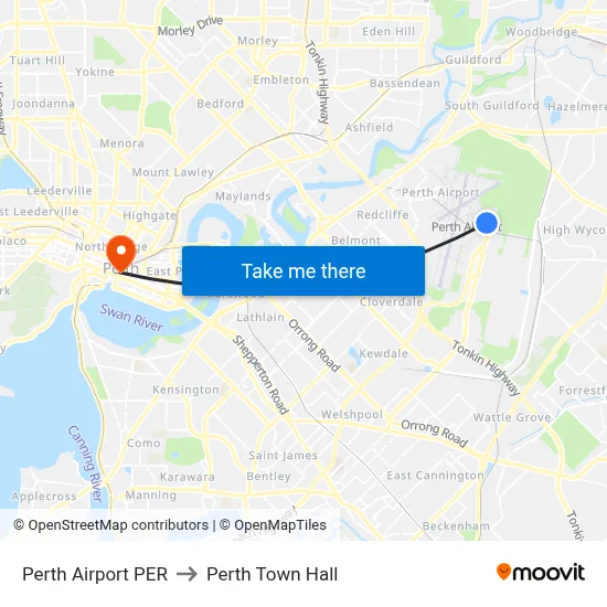 Perth Airport PER to Perth Town Hall map