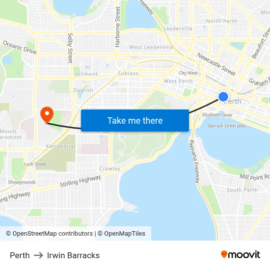 Perth to Irwin Barracks map
