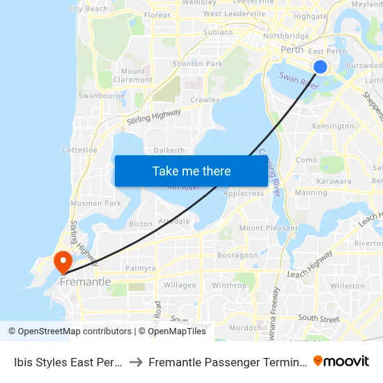 Ibis Styles East Perth to Fremantle Passenger Terminal map