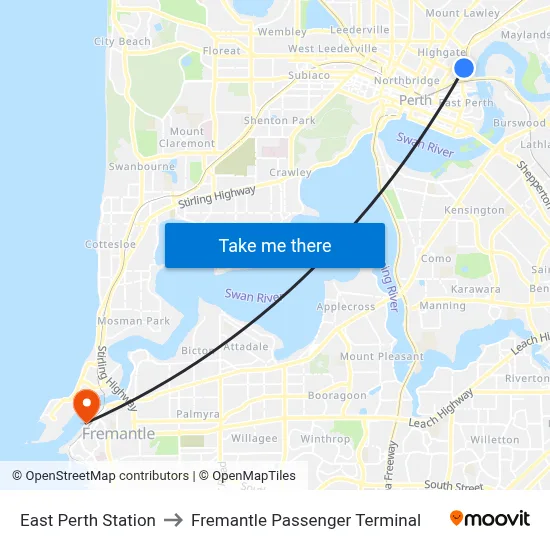 East Perth Station to Fremantle Passenger Terminal map