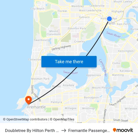 Doubletree By Hilton Perth Northbridge to Fremantle Passenger Terminal map