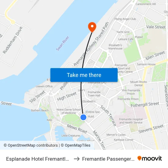 Esplanade Hotel Fremantle by Rydges to Fremantle Passenger Terminal map