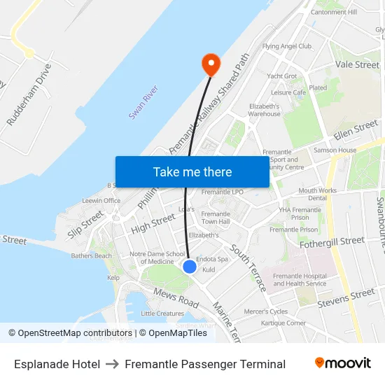 Esplanade Hotel to Fremantle Passenger Terminal map