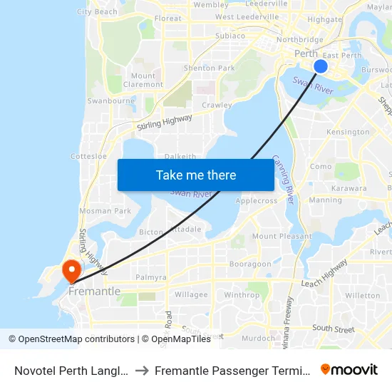 Novotel Perth Langley to Fremantle Passenger Terminal map