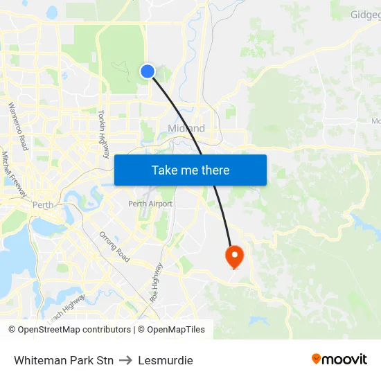 Whiteman Park Stn to Lesmurdie map