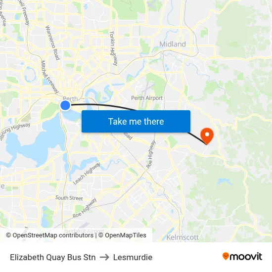 Elizabeth Quay Bus Stn to Lesmurdie map
