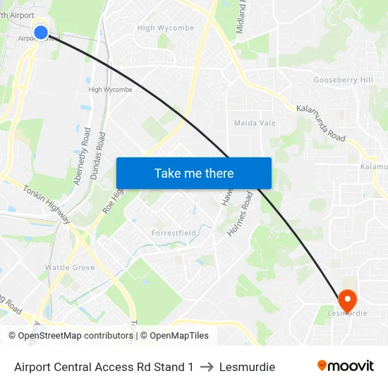 Airport Central Access Rd Stand 1 to Lesmurdie map