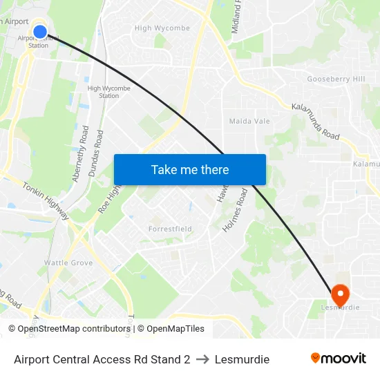 Airport Central Access Rd Stand 2 to Lesmurdie map