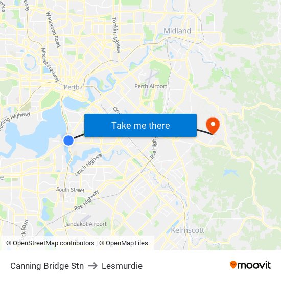 Canning Bridge Stn to Lesmurdie map