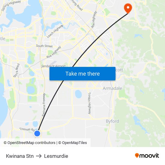 Kwinana Stn to Lesmurdie map