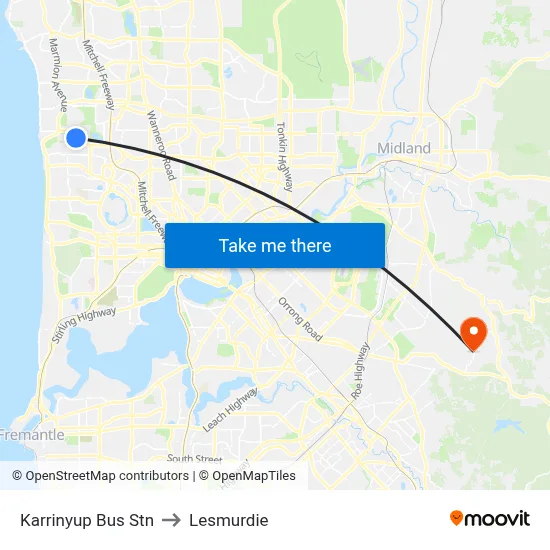 Karrinyup Bus Stn to Lesmurdie map