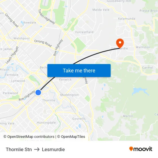 Thornlie Stn to Lesmurdie map