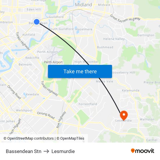 Bassendean Stn to Lesmurdie map