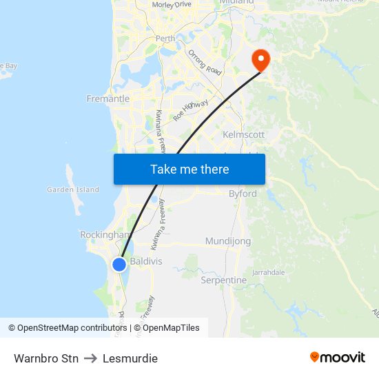Warnbro Stn to Lesmurdie map