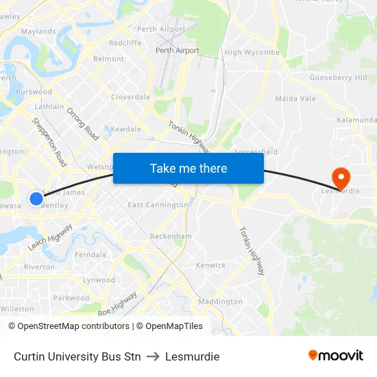 Curtin University Bus Stn to Lesmurdie map