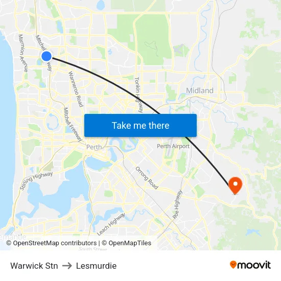 Warwick Stn to Lesmurdie map