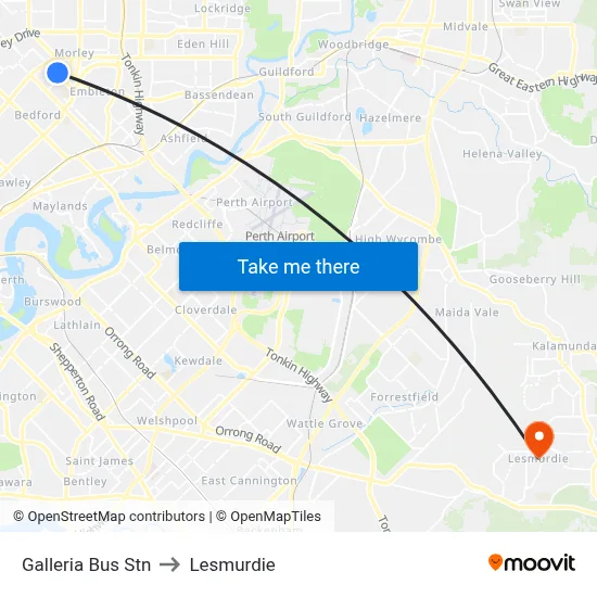 Galleria Bus Stn to Lesmurdie map