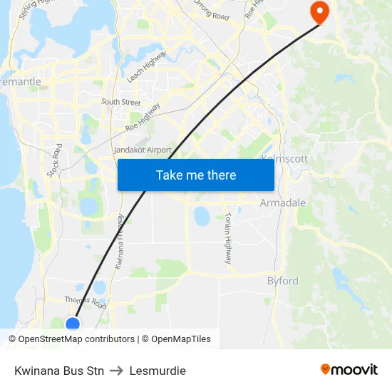Kwinana Bus Stn to Lesmurdie map