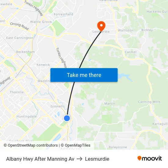 Albany Hwy After Manning Av to Lesmurdie map