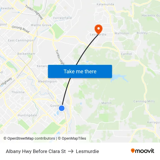 Albany Hwy Before Clara St to Lesmurdie map