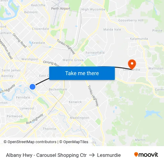 Albany Hwy - Carousel Shopping Ctr to Lesmurdie map