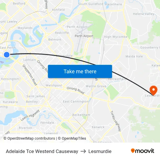Adelaide Tce Westend Causeway to Lesmurdie map