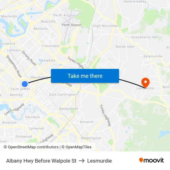 Albany Hwy Before Walpole St to Lesmurdie map