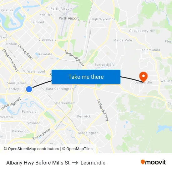 Albany Hwy Before Mills St to Lesmurdie map