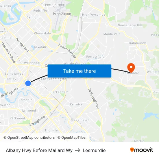 Albany Hwy Before Mallard Wy to Lesmurdie map