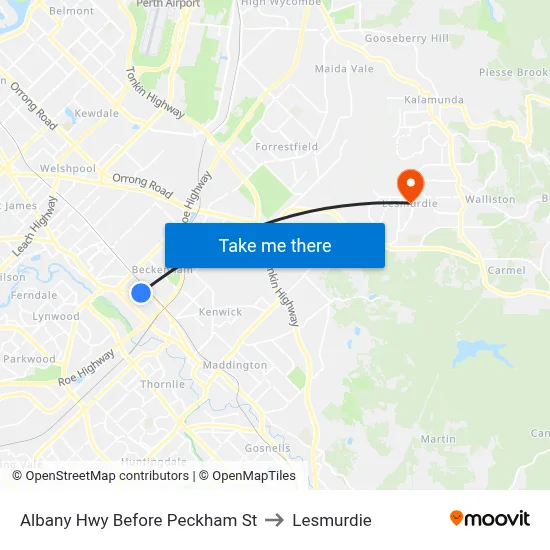Albany Hwy Before Peckham St to Lesmurdie map