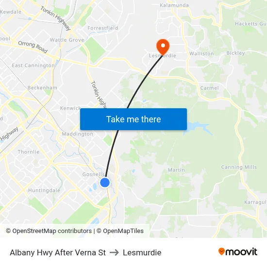 Albany Hwy After Verna St to Lesmurdie map