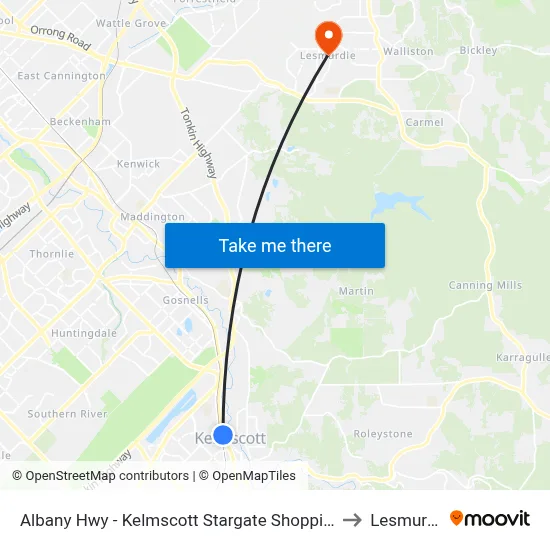 Albany Hwy - Kelmscott Stargate Shopping Ctr to Lesmurdie map