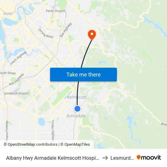 Albany Hwy Armadale Kelmscott Hospital to Lesmurdie map