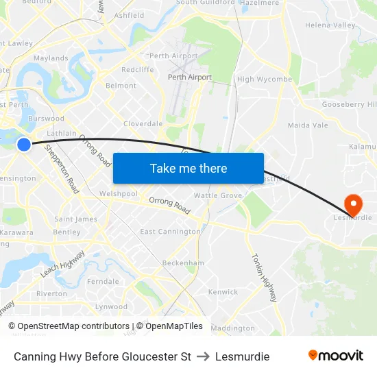 Canning Hwy Before Gloucester St to Lesmurdie map