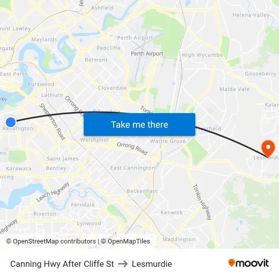 Canning Hwy After Cliffe St to Lesmurdie map