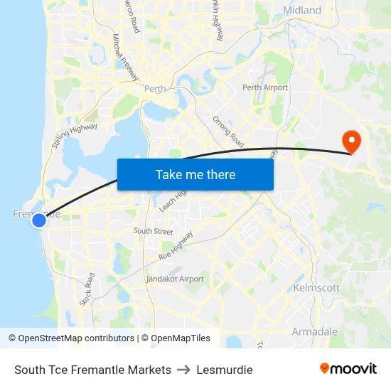 South Tce Fremantle Markets to Lesmurdie map