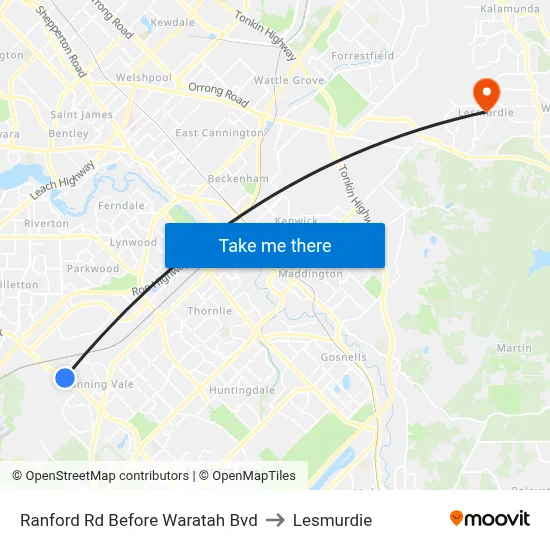 Ranford Rd Before Waratah Bvd to Lesmurdie map