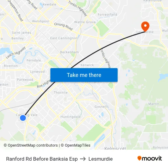 Ranford Rd Before Banksia Esp to Lesmurdie map
