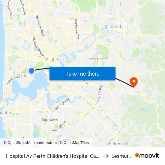 Hospital Av Perth Children's Hospital Cat Id 132 to Lesmurdie map