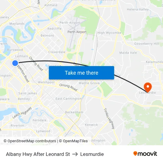 Albany Hwy After Leonard St to Lesmurdie map