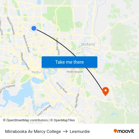 Mirrabooka Av Mercy College to Lesmurdie map