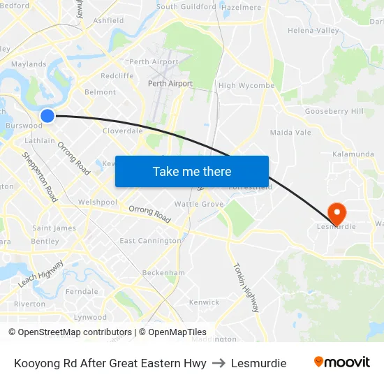 Kooyong Rd After Great Eastern Hwy to Lesmurdie map