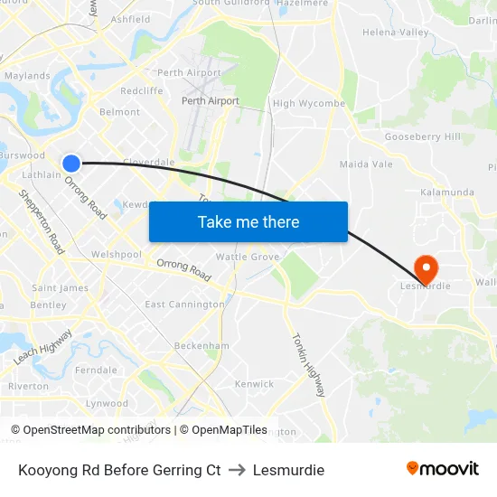 Kooyong Rd Before Gerring Ct to Lesmurdie map