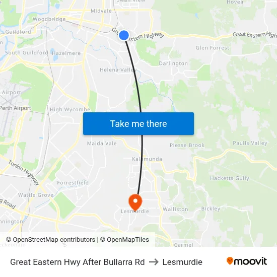 Great Eastern Hwy After Bullarra Rd to Lesmurdie map