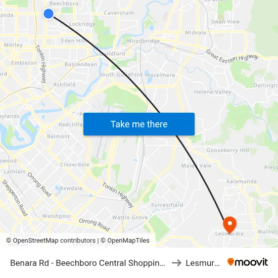Benara Rd - Beechboro Central Shopping Ctr to Lesmurdie map